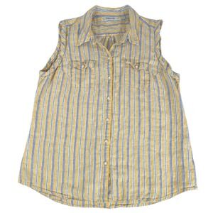 Orvis Sleeveless Linen Button Up Top Large Yellow Blue Striped Pockets